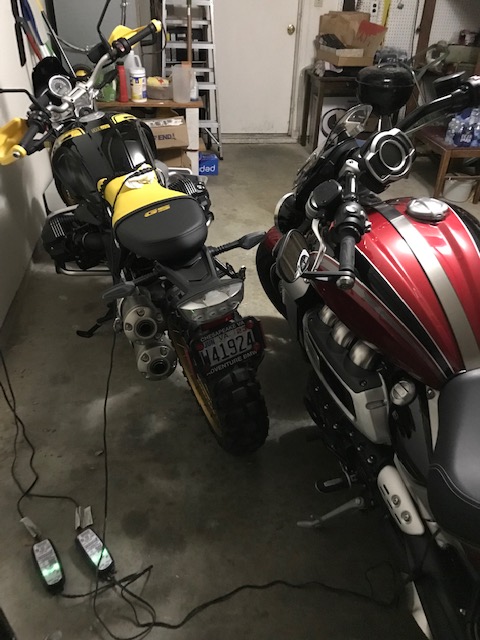 BMW R Nine T and Triumph Rocket motorcycles.
