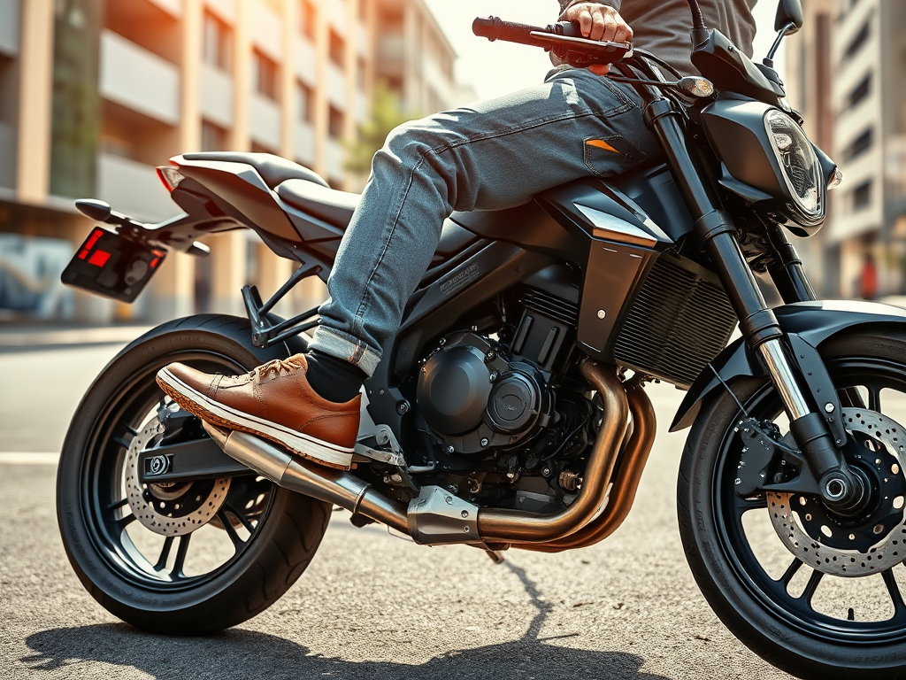 AI generated image of man sitting on motorcycle backwards