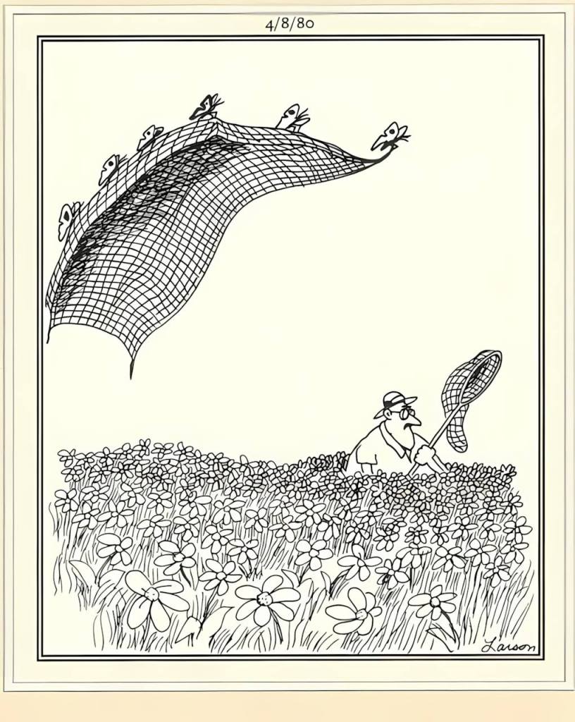 Far Side by Gary Larson cartoon where a group of ink drawn butterflies are flying carrying a large net to trap the butterfly hunter.