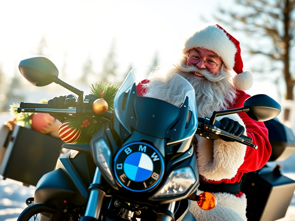 Santa Claus on a BMW motorcycle