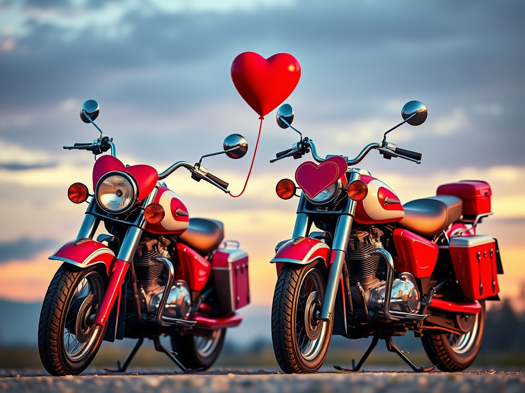 two red and white motorcycles with hearts